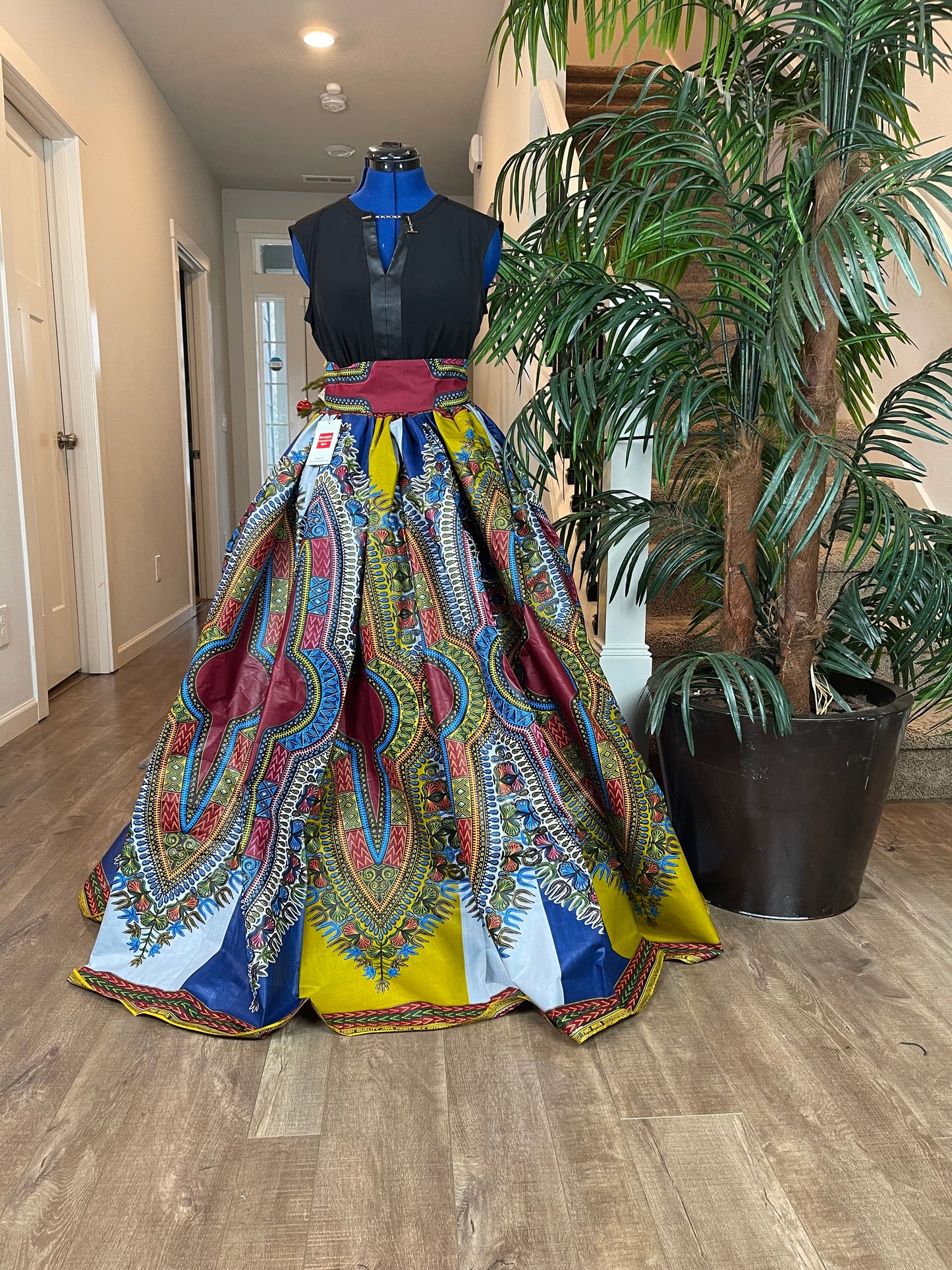 Bold Ankara High-Waist African Print Skirt – Handmade with Vibrant Wax Fabric/Blue Yellow White Ankara Skirt/African Clothings