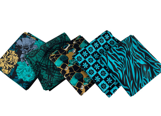 Teal Black African Print Fabric Fat Quarters Set Of 5/Ankara Fabric/100% Cotton Fabric