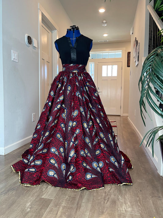 Bold Ankara High-Waist African Print Skirt – Handmade with Vibrant Wax Fabric/Red and Cream Ankara Skirt