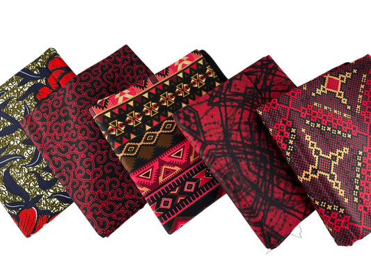 Red Black African Print Fabric Fat Quarters Set Of 5/Ankara Fabric/100% Cotton Fabric.