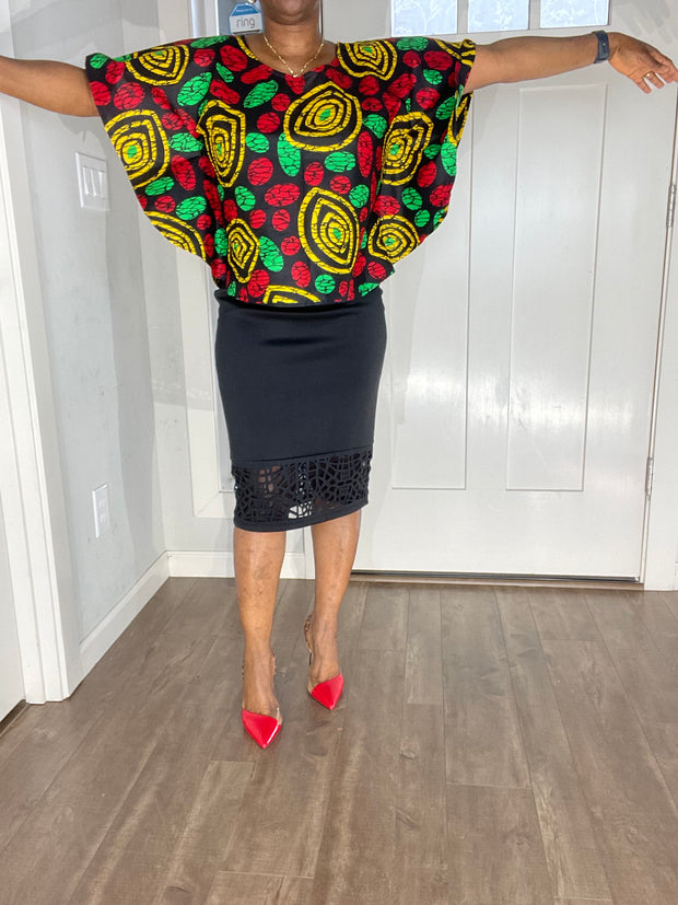 African clothing for women/ African blouse/African cape top/plus size African black and red top/Full flare blouse/summer top/Ankara Blouse