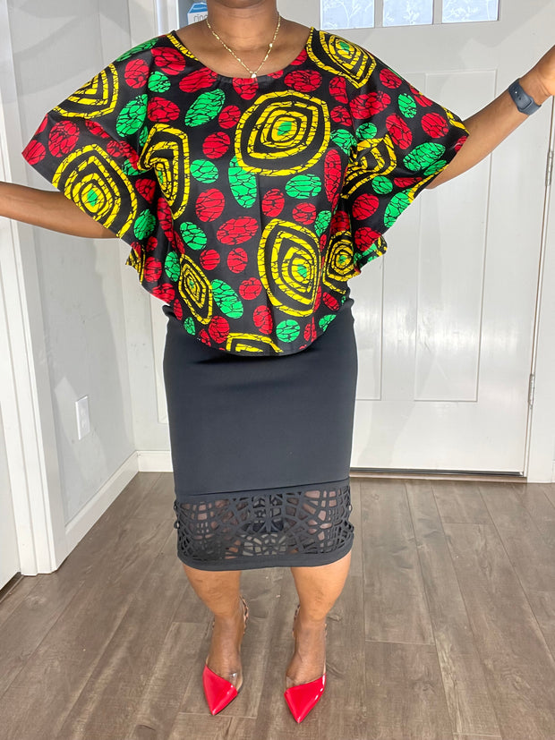 African clothing for women/ African blouse/African cape top/plus size African black and red top/Full flare blouse/summer top/Ankara Blouse