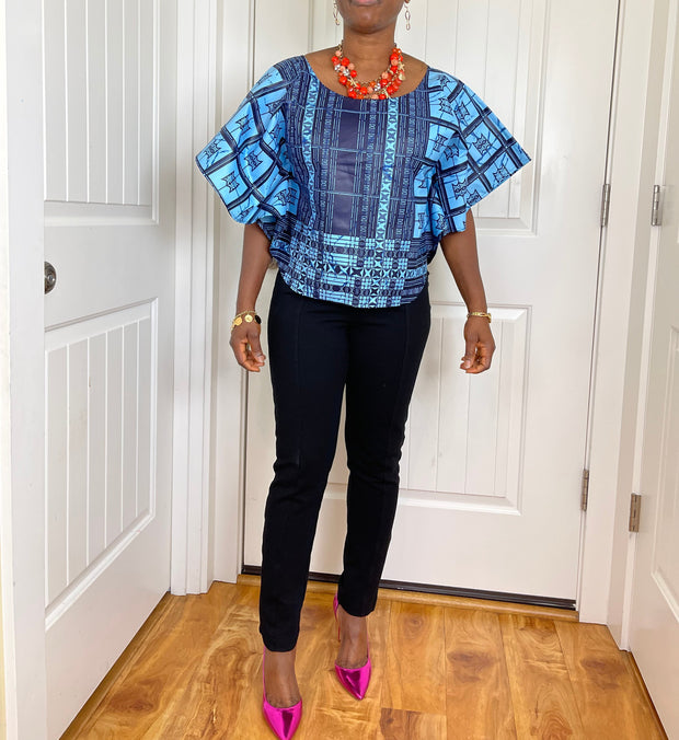 African clothing for women/ African high low crop top/ African cape top/plus size crop top/Blue top/ Full flare blouse/summer top/TK87