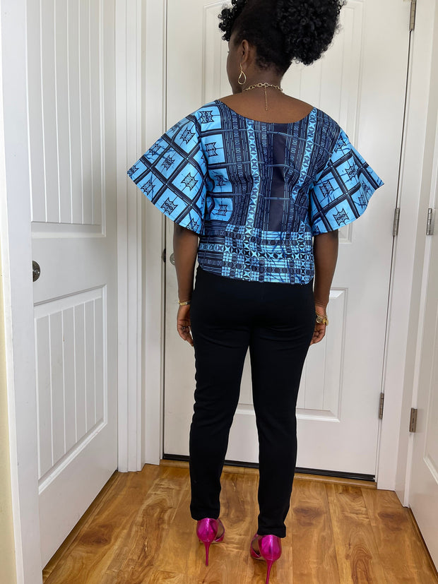 African clothing for women/ African high low crop top/ African cape top/plus size crop top/Blue top/ Full flare blouse/summer top/TK87