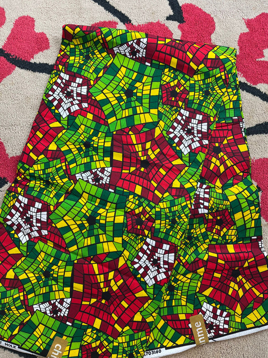 African Print Fabric/Ankara-Green,Red,White Pentagon Design / African fabric for sale/African headwrap/Hollandais Wax/ African Wax Print/VY6