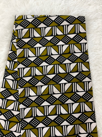 African Print Fabric/Ankara-Olive,White and Black Triangle Design/By The Yard/African Fabric/Danshiki Fabrics /African headwrap/VY3/Fabric