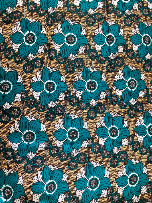 African Fabric/African prints/ Ankara-Teal and Marigold African Fabric/Wax print/ African decor/Crafts Fabric/FG60/African Dress/Fabric/Wax