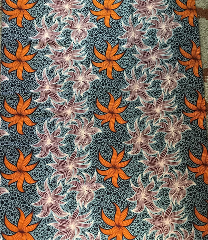 African Fabric/African Print Fabric/Ankara-grey and Orange Floral Design/YARD OR WHOLESALE/African Dress/Headwraps/MK472/Quilt Fabric/Africa