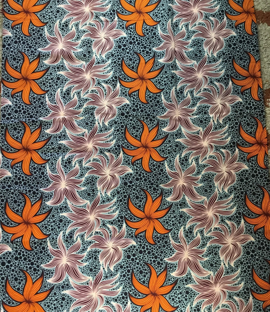 African Fabric/African Print Fabric/Ankara-grey and Orange Floral Design/YARD OR WHOLESALE/African Dress/Headwraps/MK472/Quilt Fabric/Africa