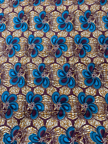African Fabric/Ankara-Brown and Turquoise Floral Design/African Clothing/Fabric/African Decor/Wax Fabric/FG88s/By The Yard