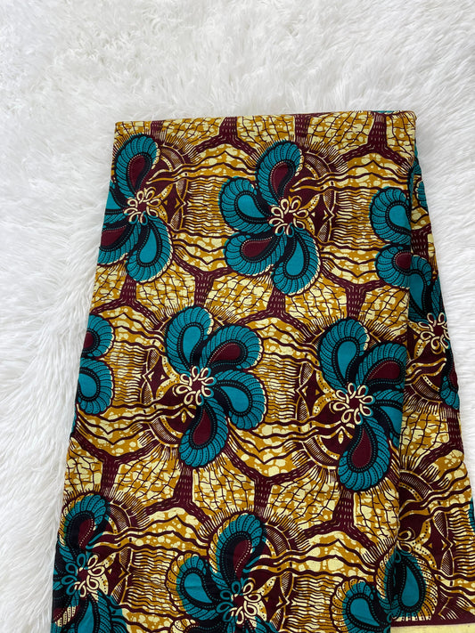 African Fabric/Ankara-Brown and Turquoise Floral Design/African Clothing/Fabric/African Decor/Wax Fabric/FG88s/By The Yard