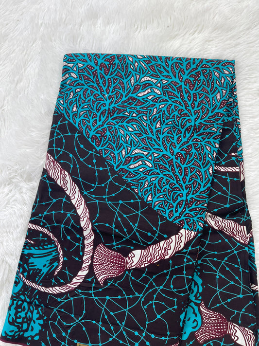 African Fabric/Ankara- Blue and Brown Floral Design/Mudcloth Fabric/Block Printed Fabric/Cotton Fabric/Quilt Fabric/African Art/Africa/MK137
