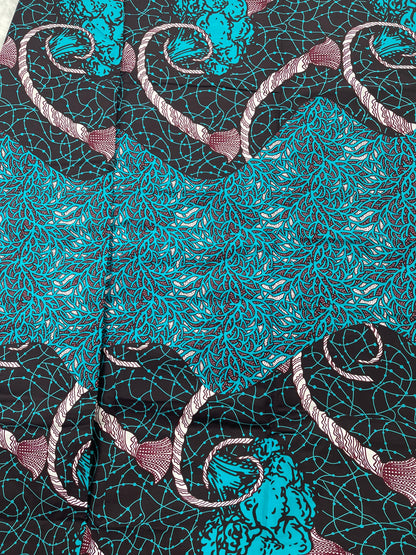 African Fabric/Ankara- Blue and Brown Floral Design/Mudcloth Fabric/Block Printed Fabric/Cotton Fabric/Quilt Fabric/African Art/Africa/MK137