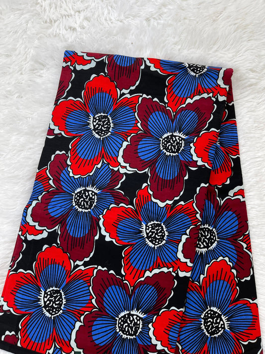 African Fabric/African Print/Ankara- Red and Blue Floral Fabric /Gift For Her/Fabric/Cotton Fabric/Block Printed Fabric /African Dress/MK34D