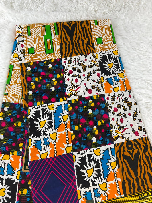 African Fabric/African Print Fabric/African Wax Fabric/Ankara-Square Circle Design/Green Yellow Patched Work Fabric/MK450/African Clothing/A
