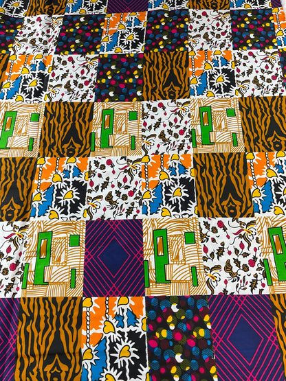 African Fabric/African Print Fabric/African Wax Fabric/Ankara-Square Circle Design/Green Yellow Patched Work Fabric/MK450/African Clothing/A