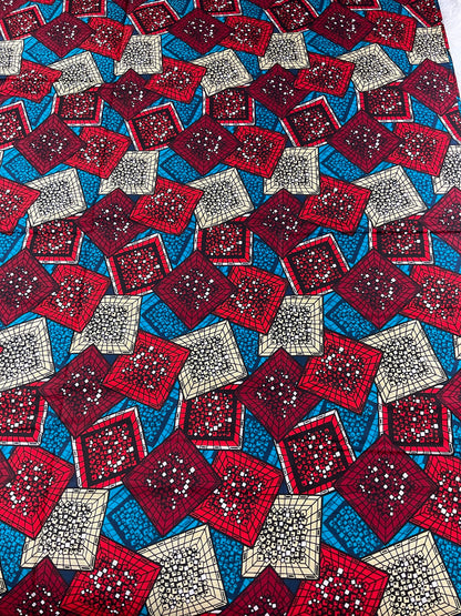 African Fabric/African prints/ Ankara fabric/ African fabric by the yard/ Wax prints/ African fabric for apparels/MK590/Wine,Turquoise,Cream