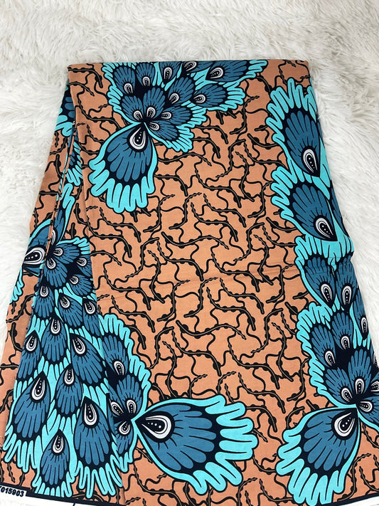 African Fabric/African Print Fabric/Ankara-Light Brown and Turquoise Color/African fabric by the yard/African fabric 6 yards/FG101