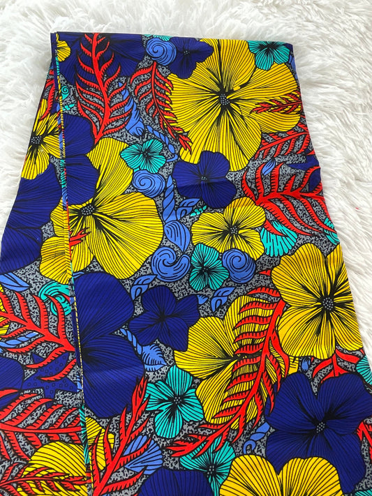African Fabric/African Print Fabric/African Wax Fabric/Ankara-Floral yellow and blue Fabric/By The Yard/MK144ab