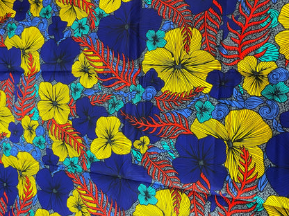 African Fabric/African Print Fabric/African Wax Fabric/Ankara-Floral yellow and blue Fabric/By The Yard/MK144ab