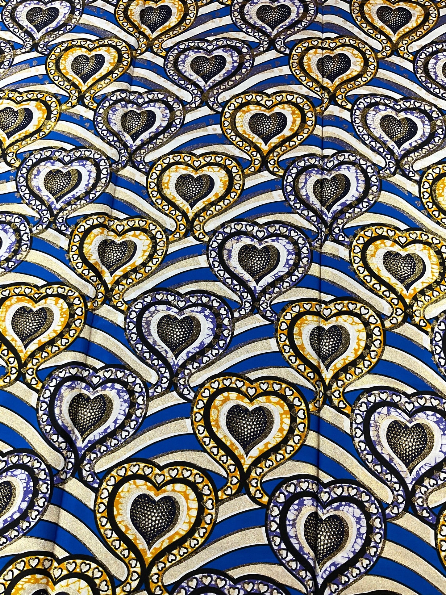 African Fabric/African Print Fabric/Ankara-Gold,Silver,Blue Hearts Design/African Clothing/Gift For Her/African Fabric By The Yard/Wax/CK450