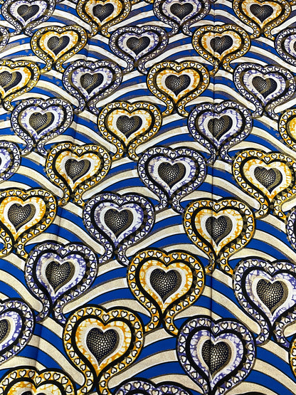 African Fabric/African Print Fabric/Ankara-Gold,Silver,Blue Hearts Design/African Clothing/Gift For Her/African Fabric By The Yard/Wax/CK450