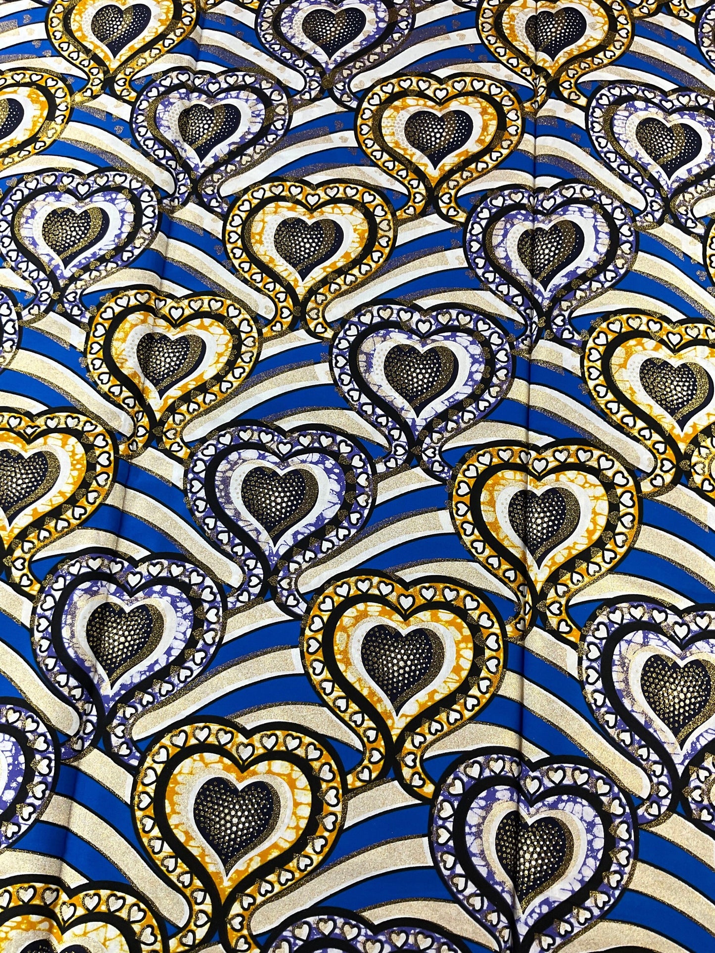 African Fabric/African Print Fabric/Ankara-Gold,Silver,Blue Hearts Design/African Clothing/Gift For Her/African Fabric By The Yard/Wax/CK450