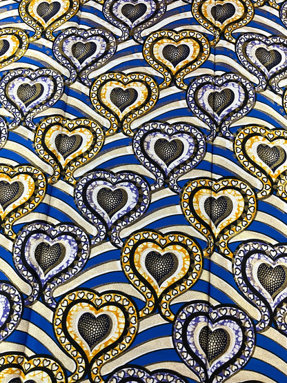 African Fabric/African Print Fabric/Ankara-Gold,Silver,Blue Hearts Design/African Clothing/Gift For Her/African Fabric By The Yard/Wax/CK450