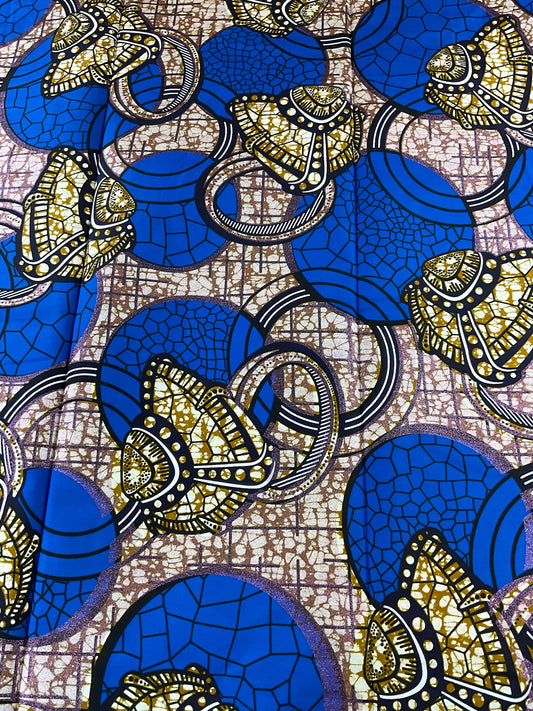 Blue African fabric/African prints/ Ankara fabric/ African Wax/ Burning bush African fabric/ African headwrap/Blue and Gold Fabric /MK514