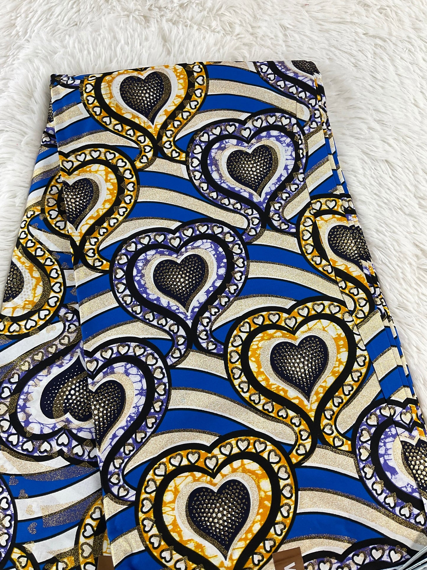 African Fabric/African Print Fabric/Ankara-Gold,Silver,Blue Hearts Design/African Clothing/Gift For Her/African Fabric By The Yard/Wax/CK450