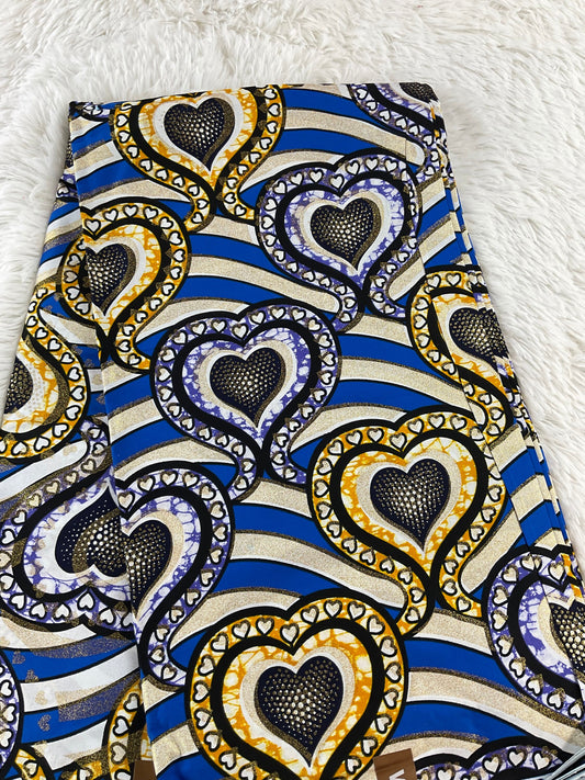 African Fabric/African Print Fabric/Ankara-Gold,Silver,Blue Hearts Design/African Clothing/Gift For Her/African Fabric By The Yard/Wax/CK450