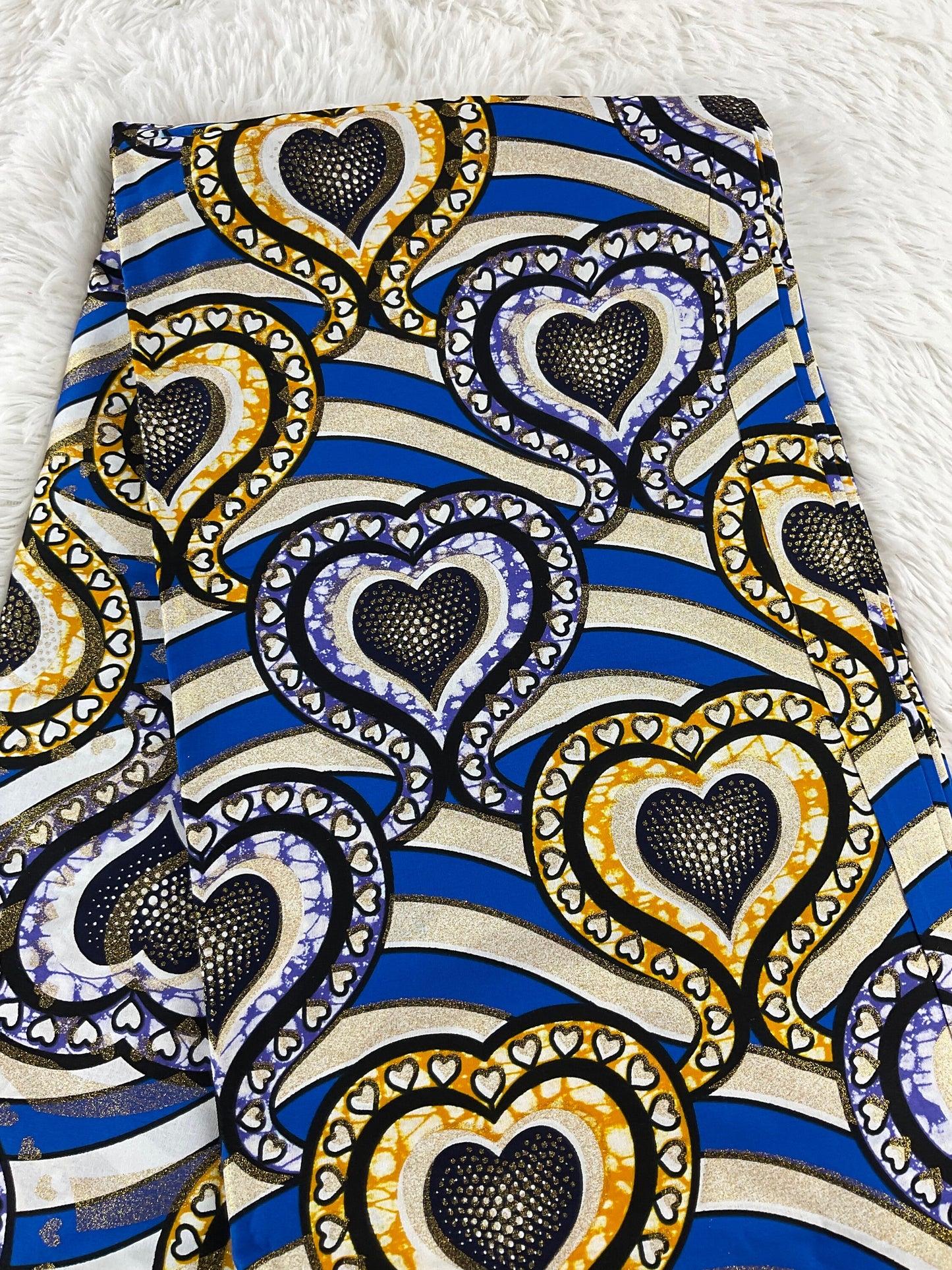 African Fabric/African Print Fabric/Ankara-Gold,Silver,Blue Hearts Design/African Clothing/Gift For Her/African Fabric By The Yard/Wax/CK450