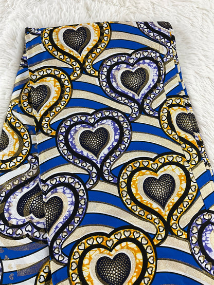 African Fabric/African Print Fabric/Ankara-Gold,Silver,Blue Hearts Design/African Clothing/Gift For Her/African Fabric By The Yard/Wax/CK450