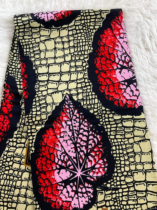 African Fabric/African prints/ Ankara fabric/ African wax/Hollandais/Red,Cream and Black Floral African fabric/ African fabric 6 yards/FG69