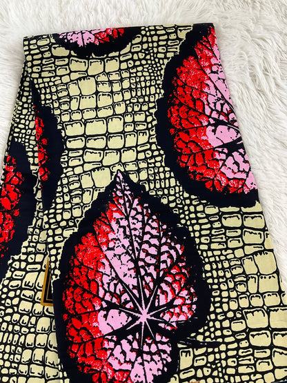 African Fabric/African prints/ Ankara fabric/ African wax/Hollandais/Red,Cream and Black Floral African fabric/ African fabric 6 yards/FG69
