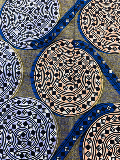 African fabric/African prints/ Ankara fabric/ African Wax/ Burning bush African fabric/ African headwrap/Blue,Peach and Gold Fabric /MK514
